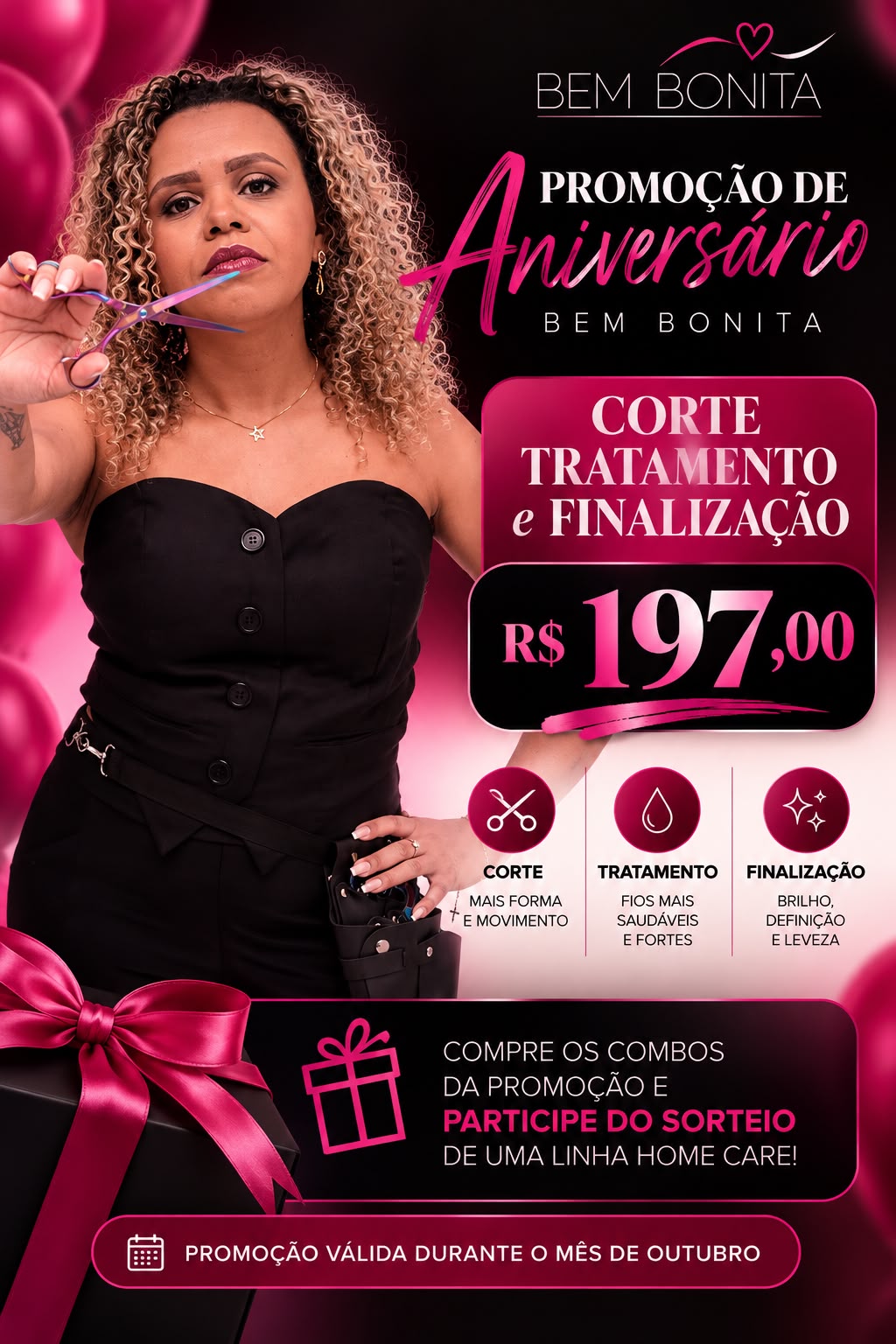 Promoção de aniversário: Corte, tratamento e finalização, R$ 197,00