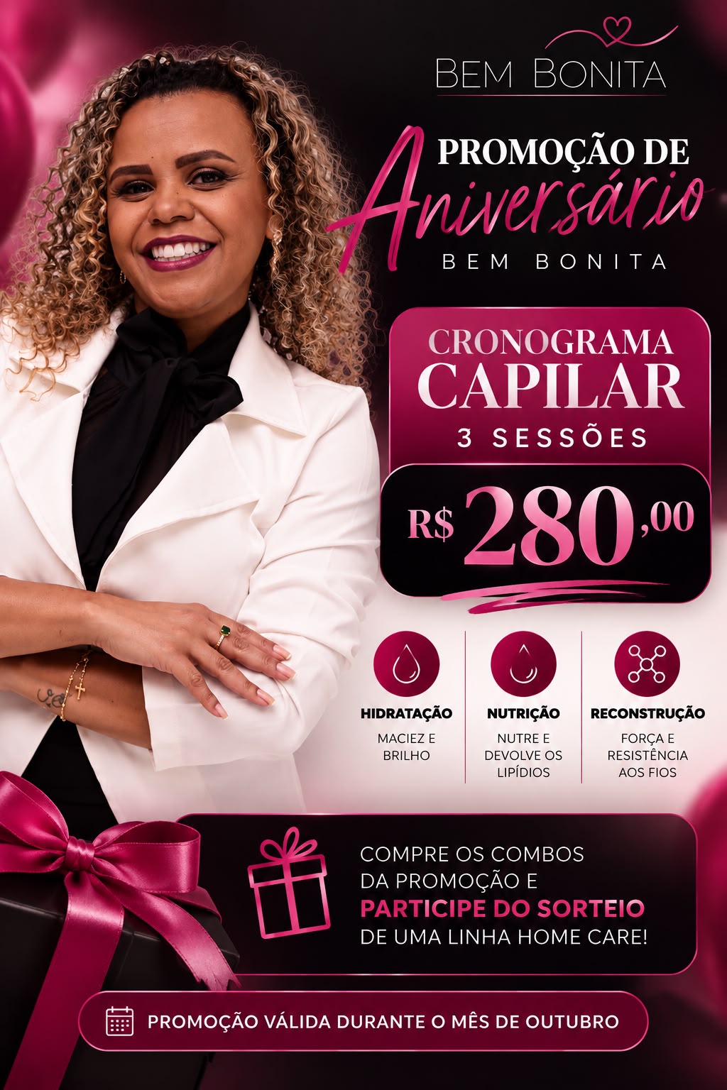 Promoção de aniversário: Cronograma capilar — 3 sessões, R$ 280,00